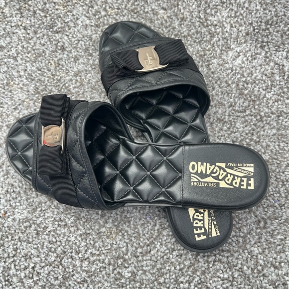 Salvatore Ferragamo Black Quilted Sandals with Gold Accent - Picture 3 of 7